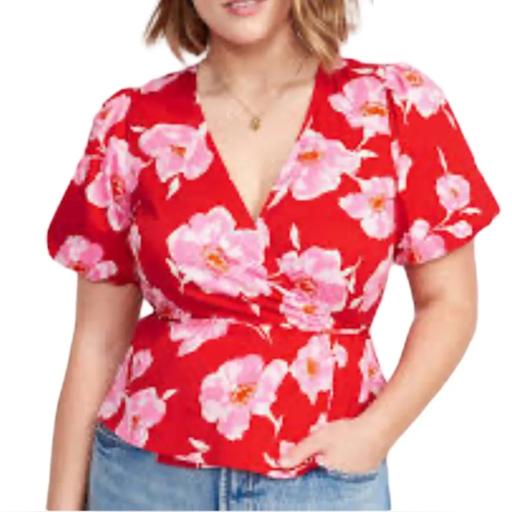 Old Navy Floral Wrap Blouse Puff Sleeves Large Red Cotton Lightweight V Neck